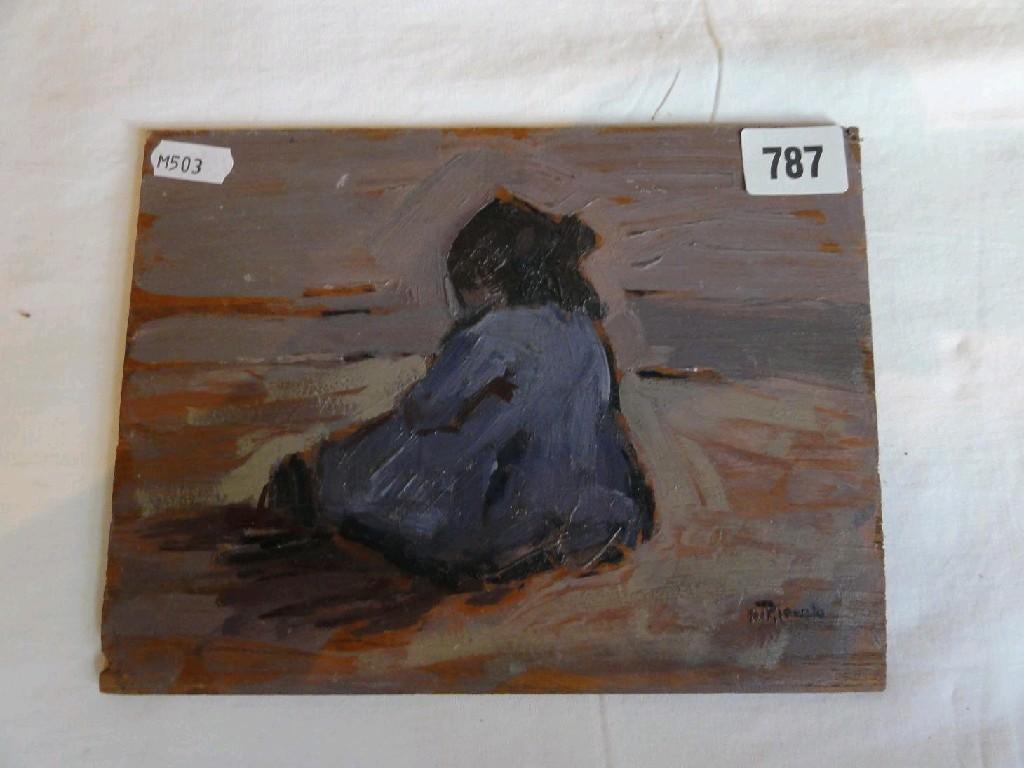 Appraisal: A small oil painting on wooden panel showing a seated