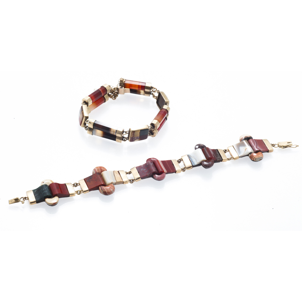 Appraisal: Two Scottish hardstone set bracelets the first composed of cylindrical