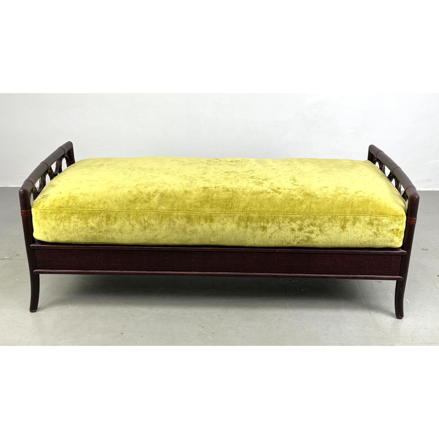 Appraisal: McGUIRE Dark Stained Rattan Ring Design Bench Thick Upholstered seat