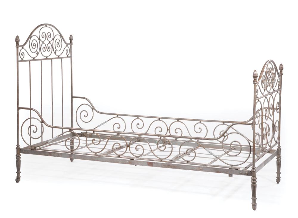 Appraisal: Antique Wrought Iron Folding Campaign Bed finialed arched ends scrolled