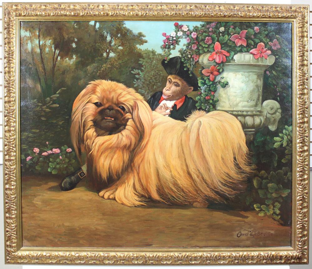 Appraisal: LARGE OIL ON CANVAS long-haired shih-tzu and a dressed-up monkey