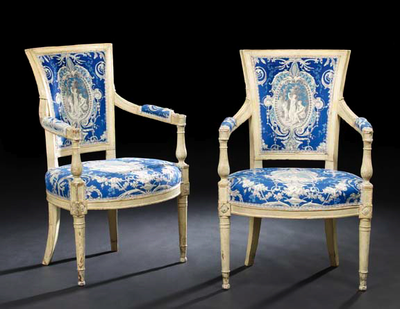 Appraisal: Pair of Directoire-Style Polychromed Fauteuils th century each with a