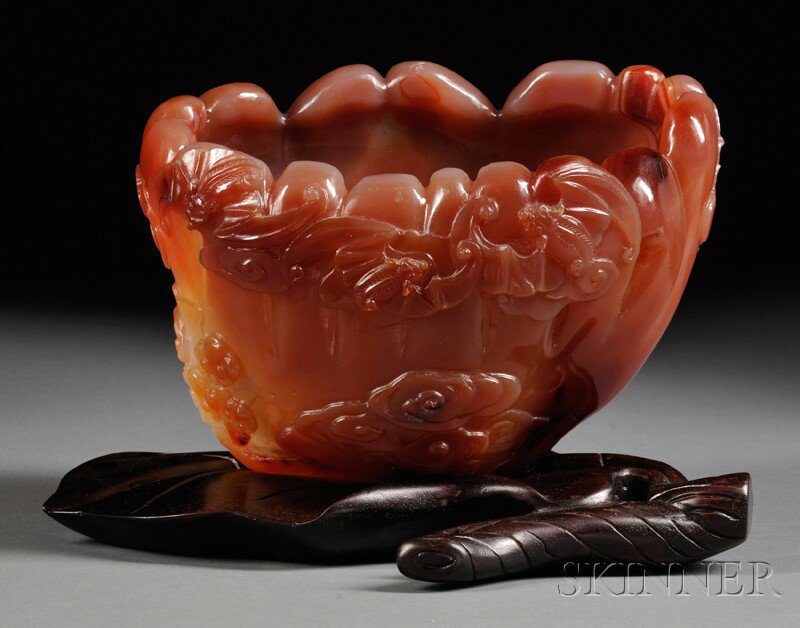 Appraisal: Agate Fishbowl with Wood Stand China decorated with bats and