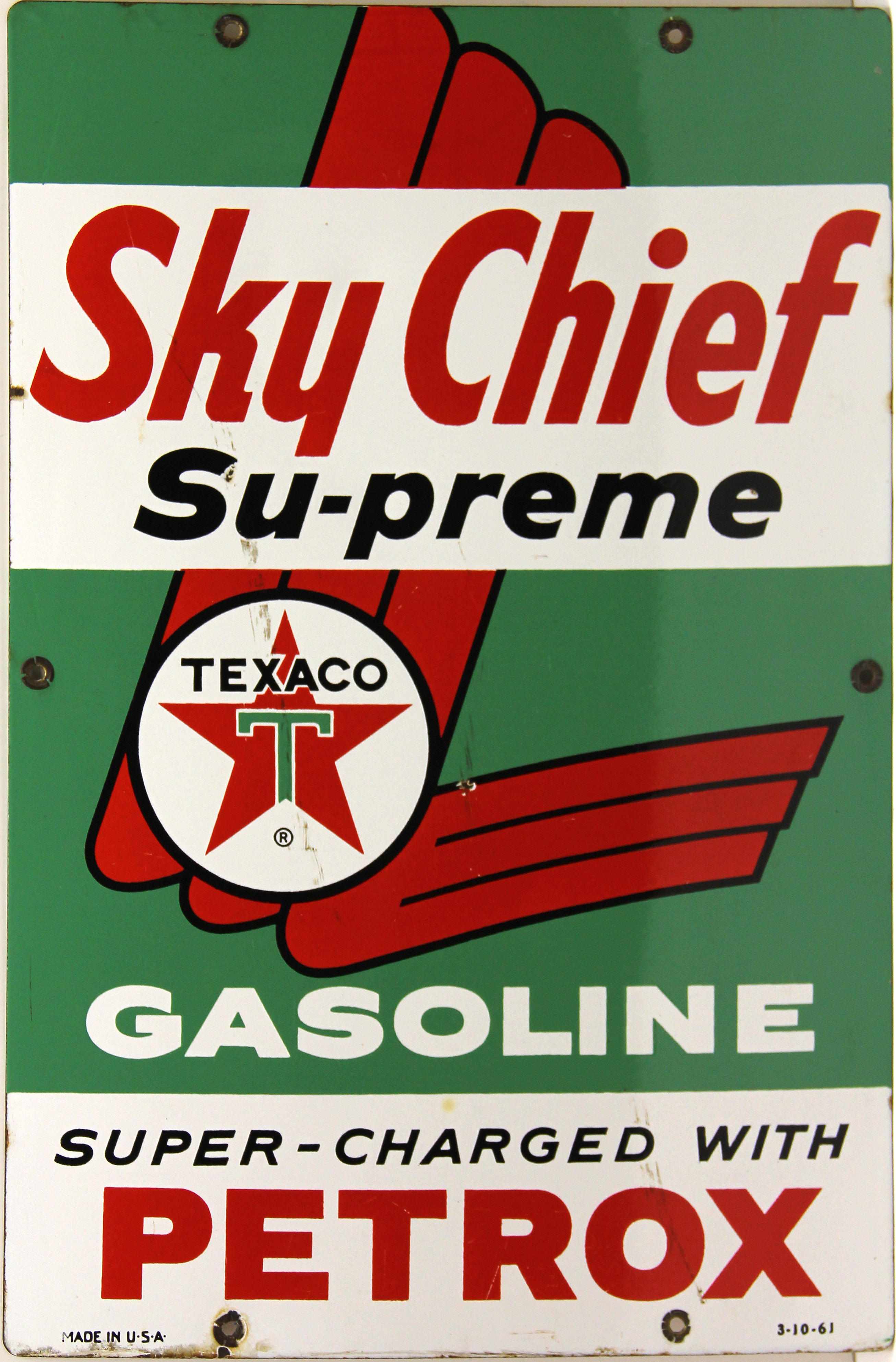 Appraisal: A Texaco Sky Chief Supreme pump plate multi-colored porcelain enamel