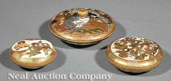 Appraisal: A Group of Three Japanese Satsuma Pottery Circular Boxes Meiji