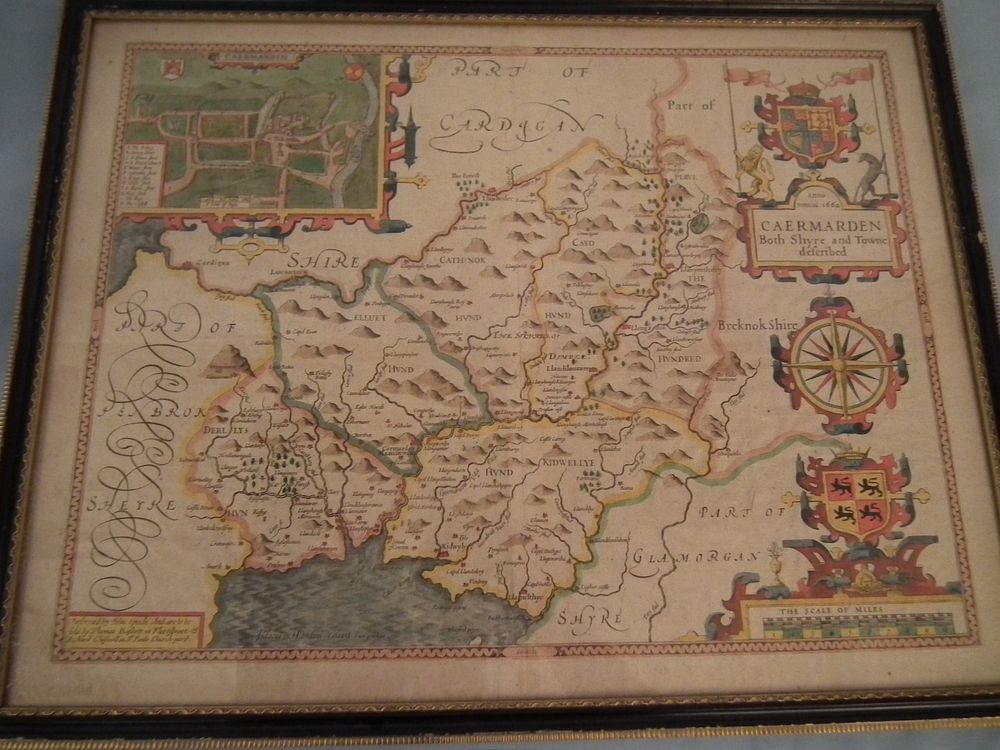 Appraisal: JOHN SPEED CAERMARDEN MAP Early English double-sided and colored book-plate