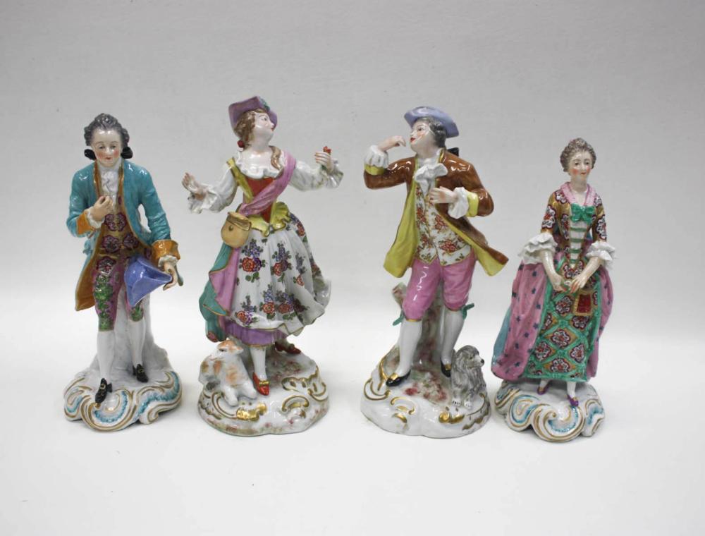 Appraisal: FOUR FRENCH STYLE FIGURAL PORCELAIN SCULPTURES finely hand painted comprised