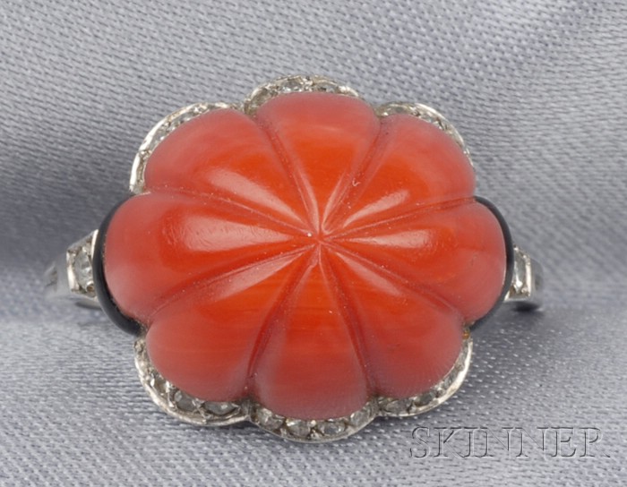 Appraisal: Art Deco Coral Diamond and Enamel Ring A Marchak Paris