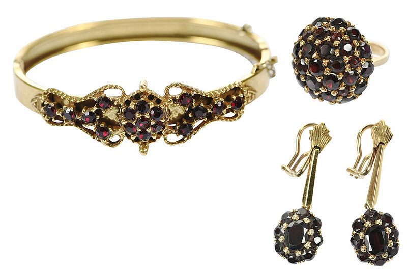 Appraisal: Gold Garnet Ring and Earrings with Bracelet domed ring round