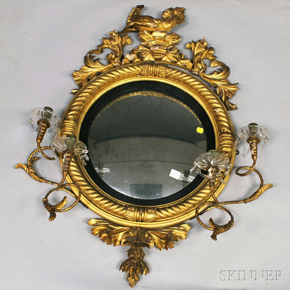 Appraisal: Carved Gilt-gesso Girandole Convex Mirror England or America early th