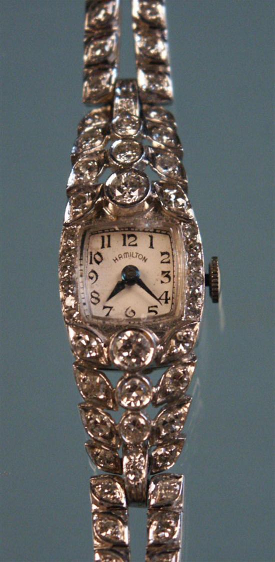 Appraisal: DIAMOND AND PLATINUM WRISTWATCH Hamilton maker jewel nickel movement