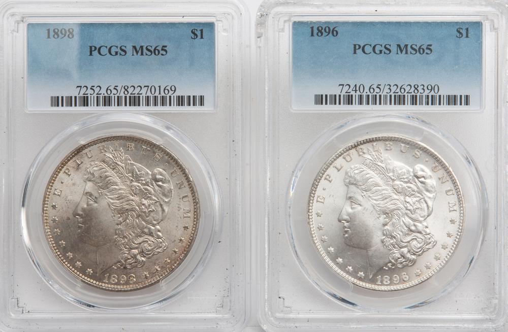 Appraisal: PCGS GRADED MORGANS MS MS Two Morgan silver dollars each