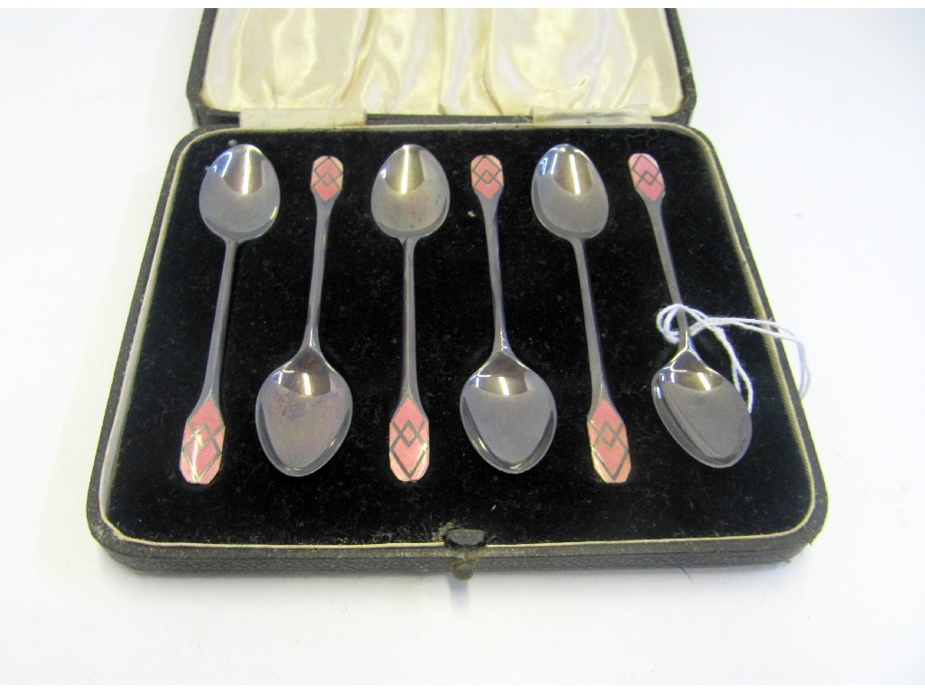 Appraisal: A cased set of six silver and enamel coffee spoons