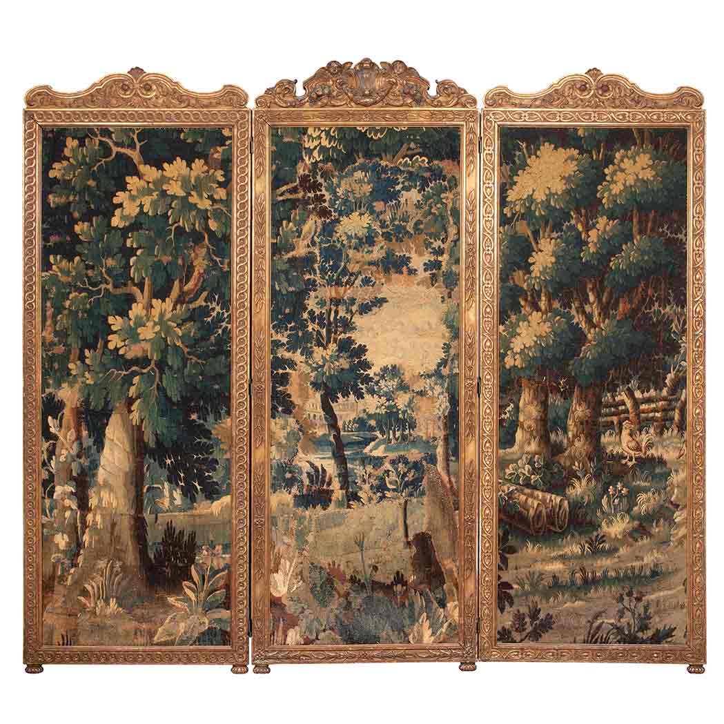 Appraisal: Renaissance Style Polychrome Decorated and Giltwood Tapestry Covered Three-Fold Screen