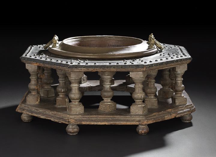 Appraisal: Ibero-Moroccan Turned Wood Brass and Copper Brazier first quarter th