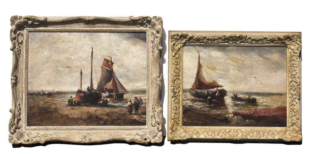 Appraisal: PAIR OF DUTCH SHORELINE OIL CANVAS PAINTINGS With Fishing Boats