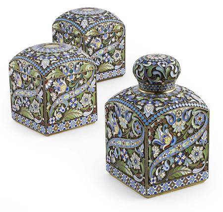 Appraisal: A Russian silver-gilt and cloisonn enamel tea-caddy and a matching