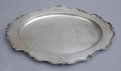 Appraisal: GORHAM MONOGRAMMED SILVER PLATTER Oblong scalloped outline with shell and