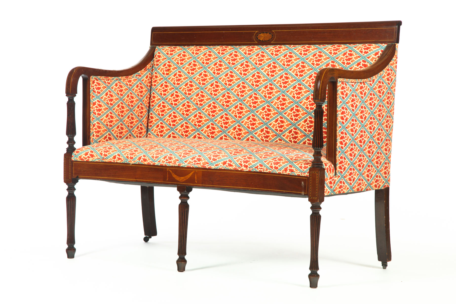 Appraisal: DIMINUTIVE SHERATON-STYLE SOFA American st half- th century mahogany Inlaid