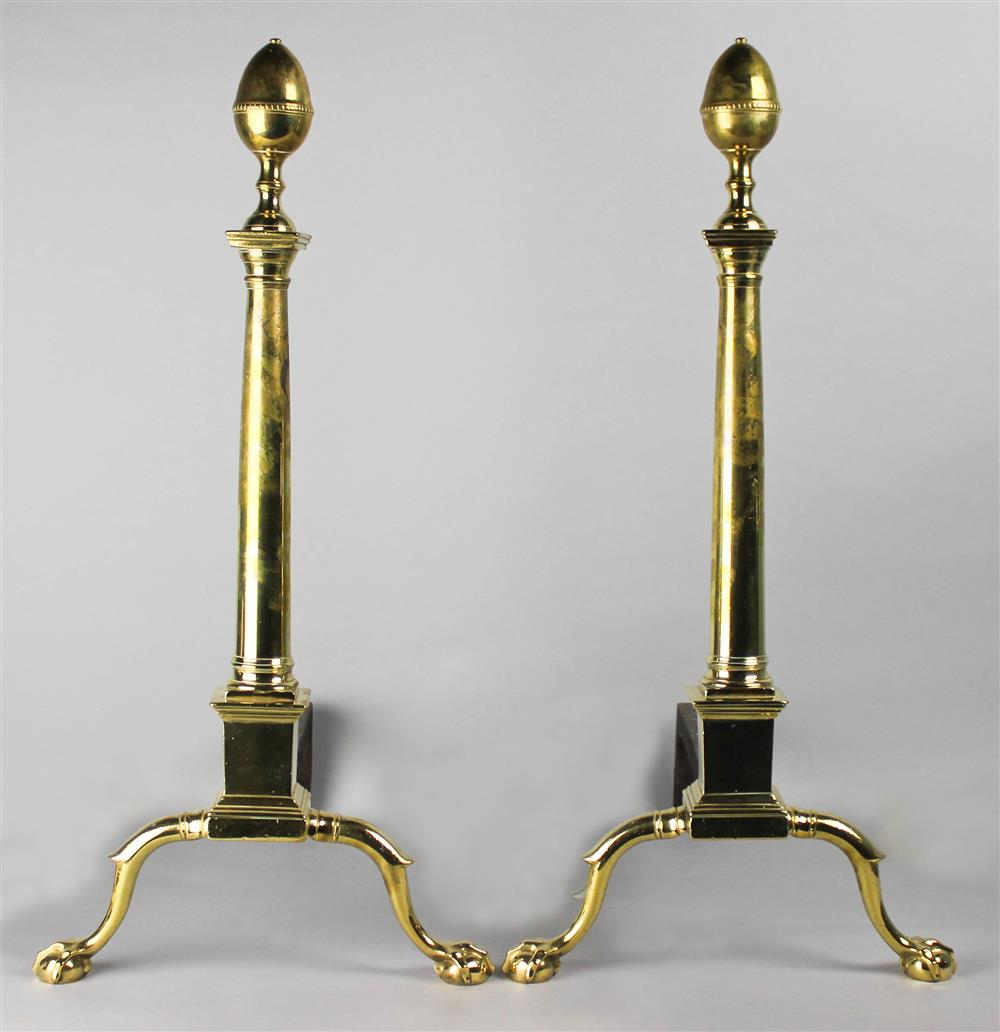 Appraisal: PAIR OF AMERICAN CHIPPENDALE BRASS COLUMN-FORM ANDIRONS ca s each