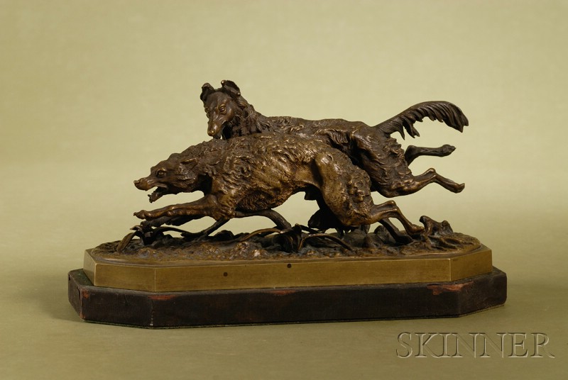 Appraisal: Russian Patinated Bronze Group of a Wolfhound Pursuing a Wolf