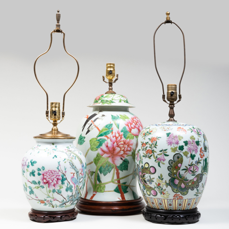 Appraisal: Three Chinese Porcelain Jars Mounted as Table Lamps The largest