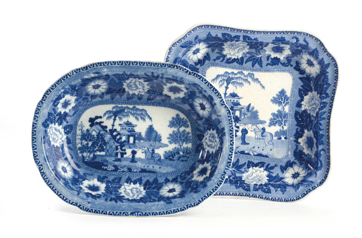 Appraisal: STAFFORDSHIRE 'ZEBRA' PATTERN BLUE TRANSFER-PRINTED OVAL DISH AND A SQUARE