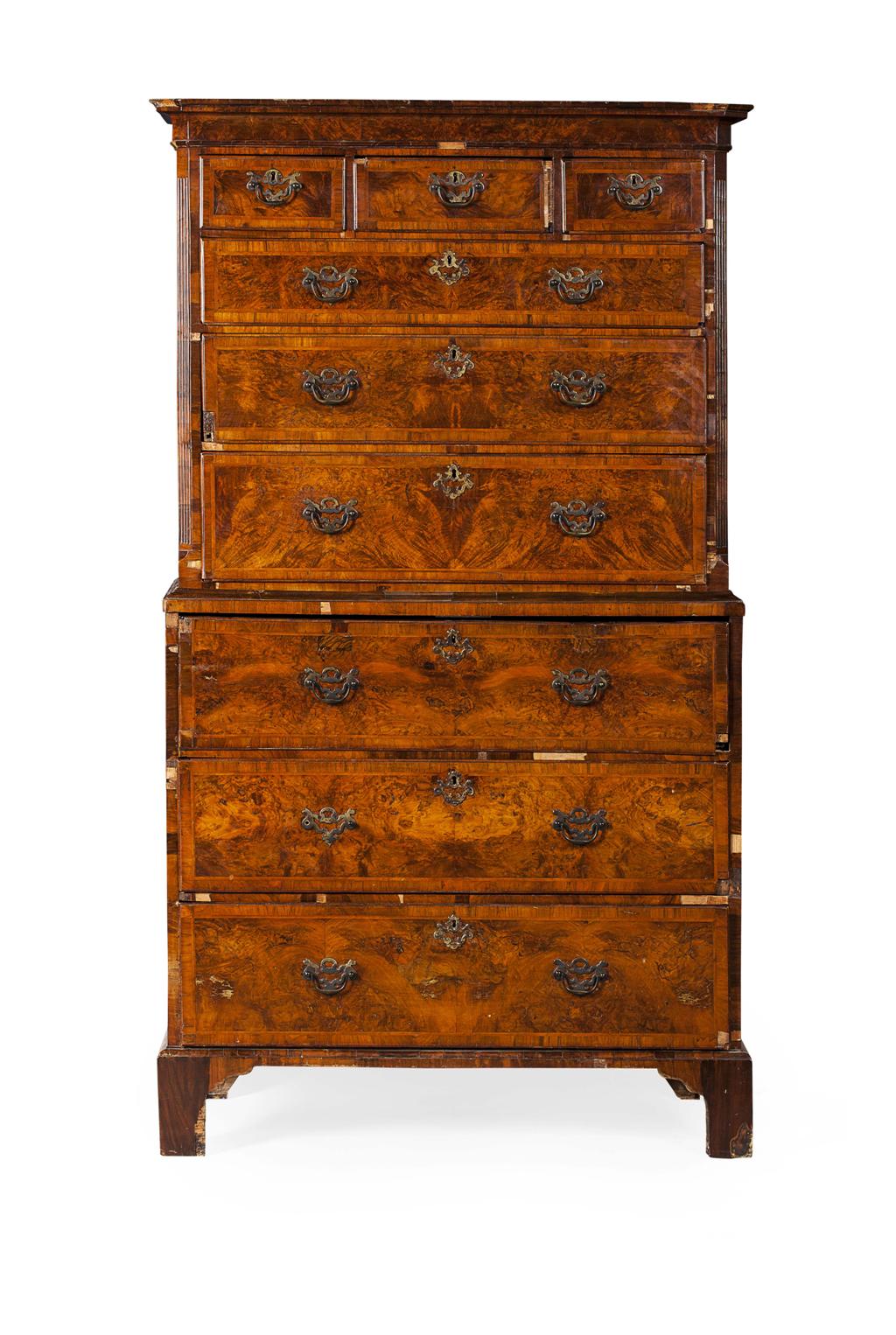 Appraisal: GEORGE I WALNUT CROSSBANDED SECRETAIRE CHEST ON CHEST CIRCA the