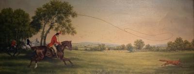 Appraisal: th Century Hunting Scene huntsman lassoing a fox oil on