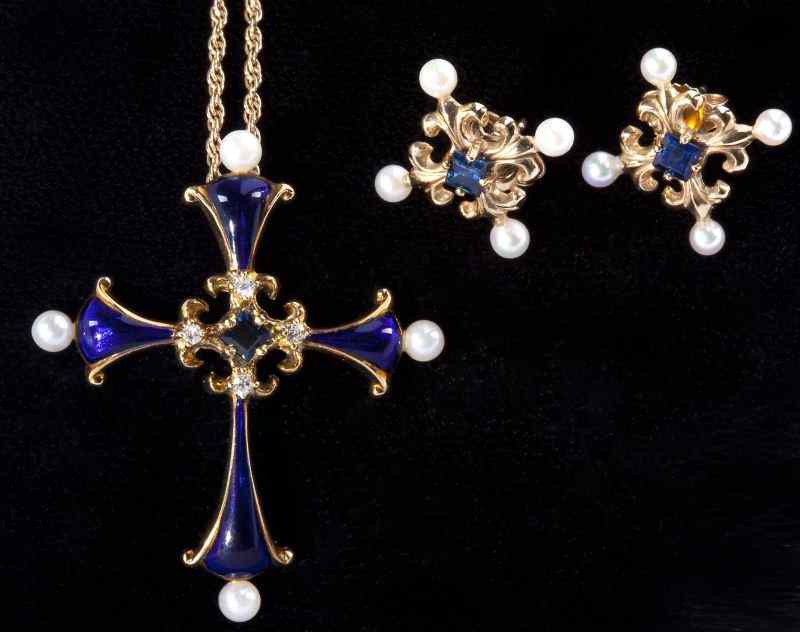 Appraisal: Enamel Diamond and Pearl Cross and Earringsa gold Orthodox style