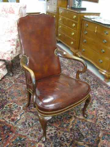 Appraisal: Leather Chair wooden arms and Queen Annelegs