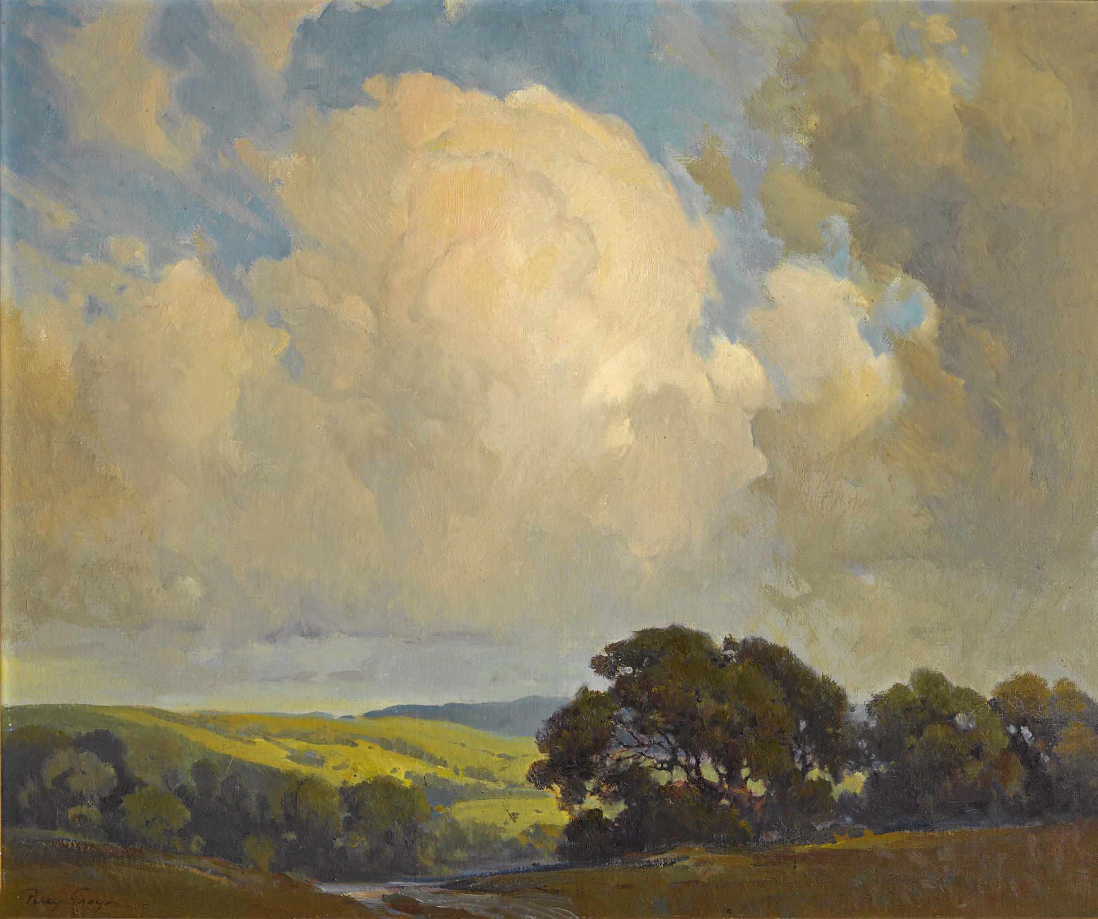 Appraisal: Percy Gray - Oaks and rolling hills under billowing clouds