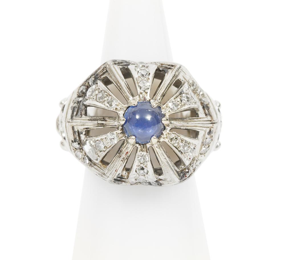 Appraisal: UNISEX K WG CABOCHON SAPPHIRE DIAMOND RINGArt Deco Unisex K