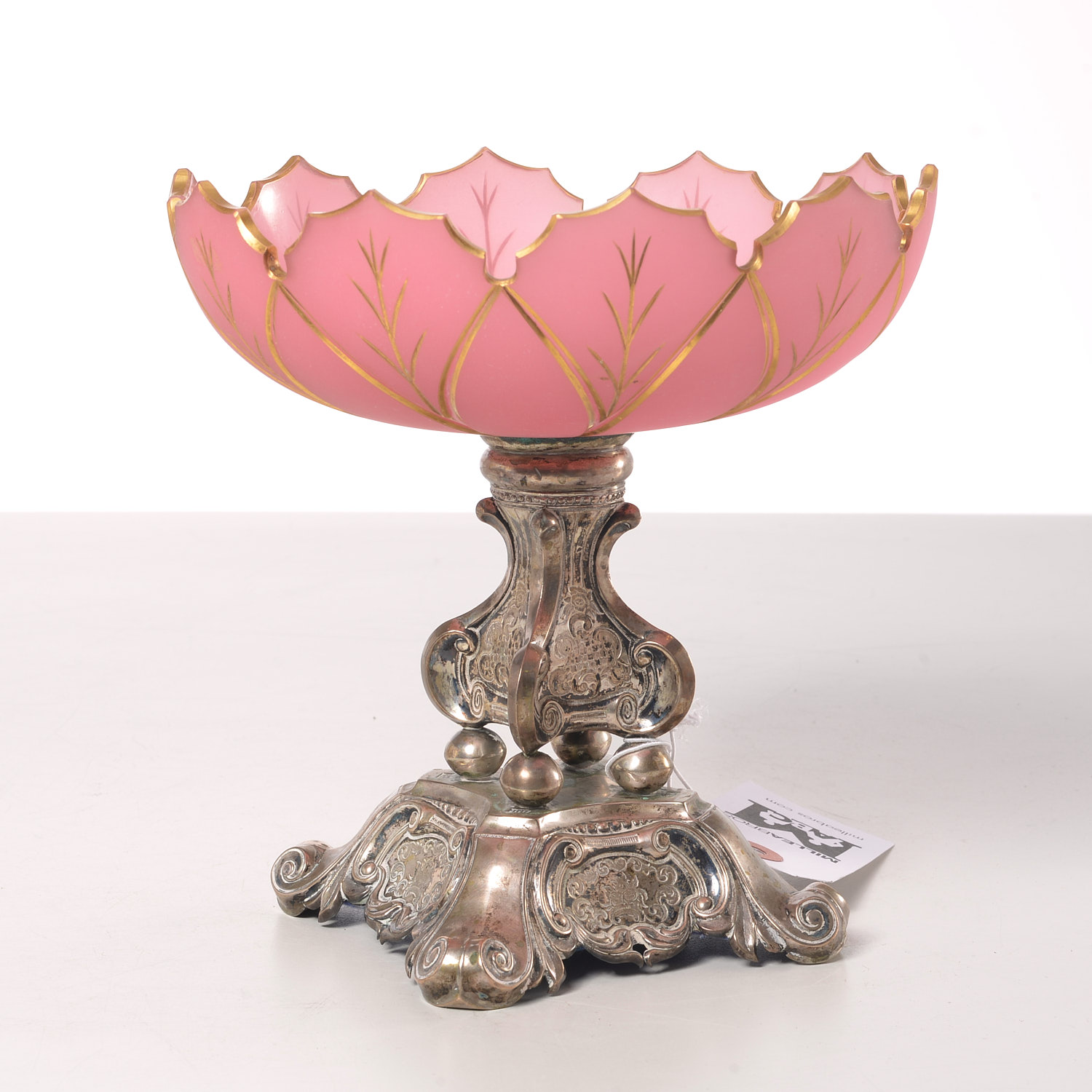 Appraisal: CONTINENTAL SILVER OPALINE GLASS COMPOTE Late th c engraved weighted