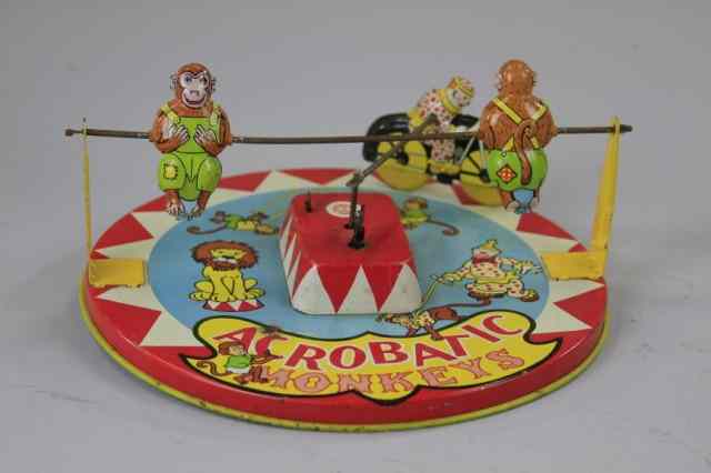 Appraisal: WYANDOTTE ACROBAT MONKEYS WITH CYCLE Lithographed tin circular base features