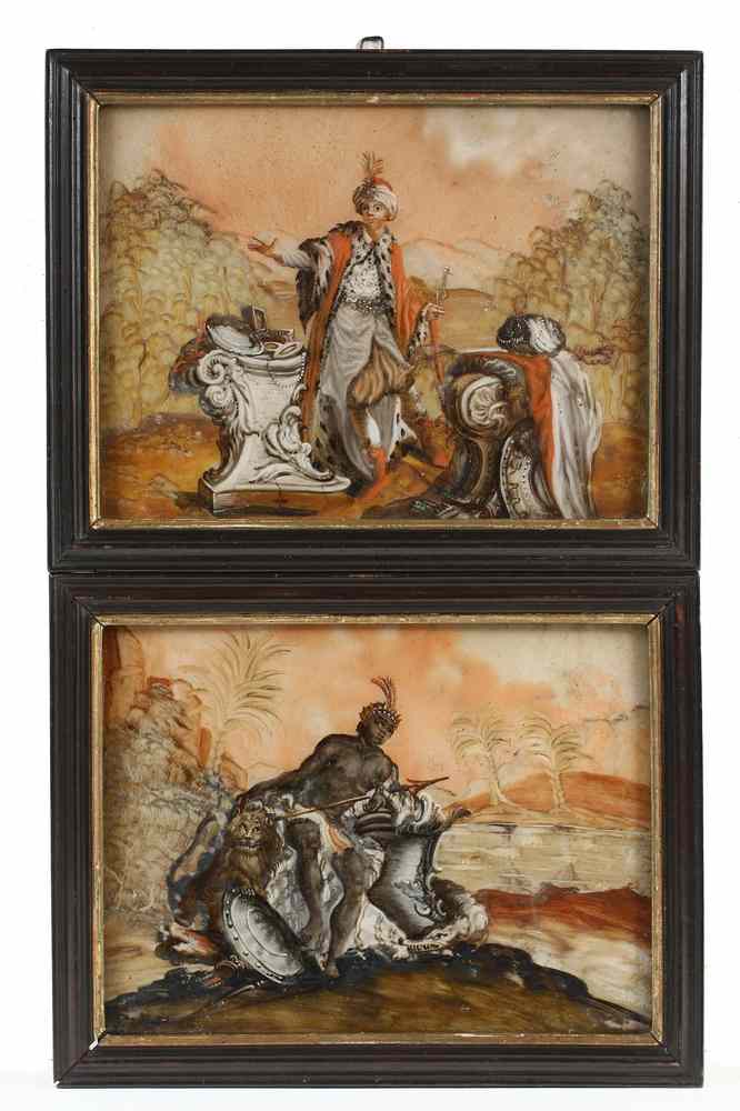 Appraisal: PAIR REVERSE PAINTINGS - Pair Allegorical Paintings in oil on