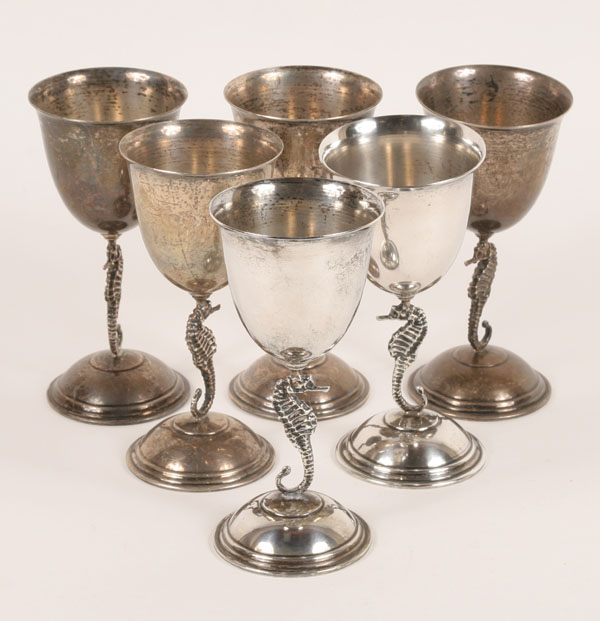 Appraisal: Six sterling goblets with seahorse-form stems oz H