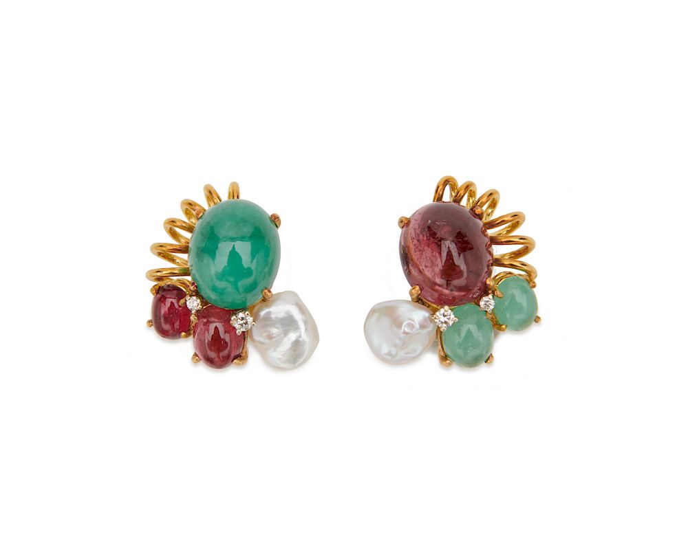 Appraisal: SORAB ROSHI K Gold Tourmaline Emerald Pearl and Diamond Earclips