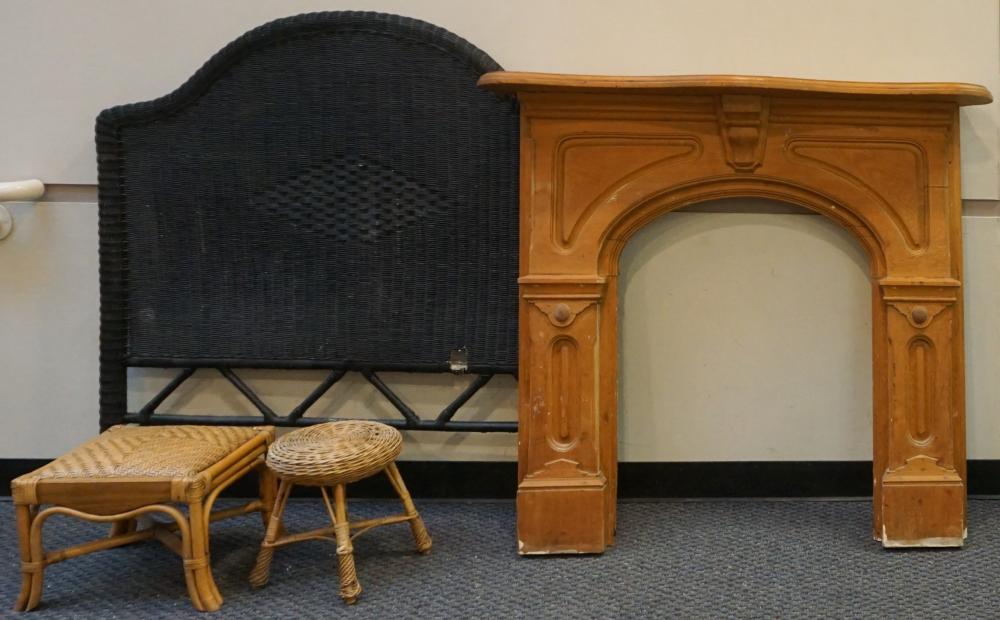 Appraisal: Victorian Pine Hearth Surround a Black Painted Wicker Headboard Punctured