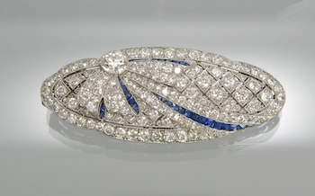 Appraisal: A Fine Art Deco Platinum Diamond and Sapphire Brooch ca