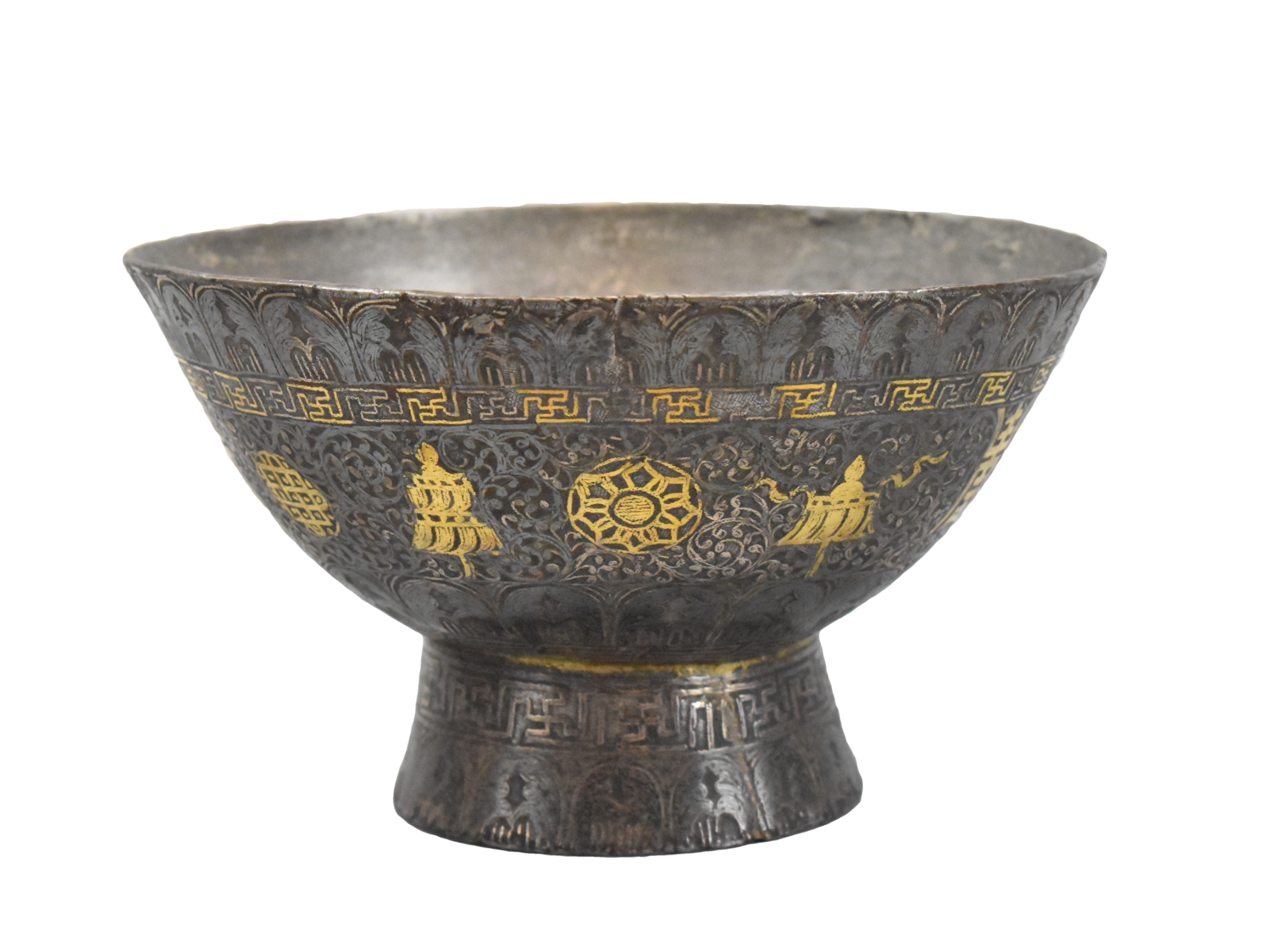 Appraisal: A Tibetan stem bowl with silver and gold inlay dated