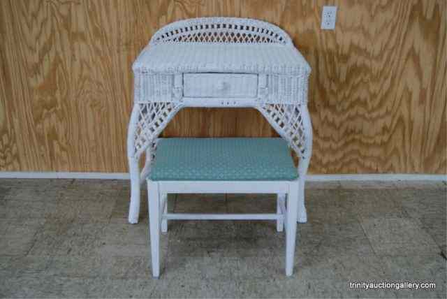 Appraisal: Vintage Wicker Rattan Vanity w BenchFrom the estate is a