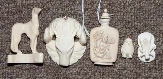 Appraisal: Continental carved ivory ram-form broach Chinese bone snuff bottle and