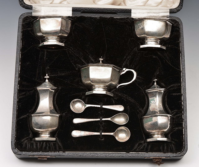 Appraisal: Silver five piece condiment setof tapering hexagonal form in original