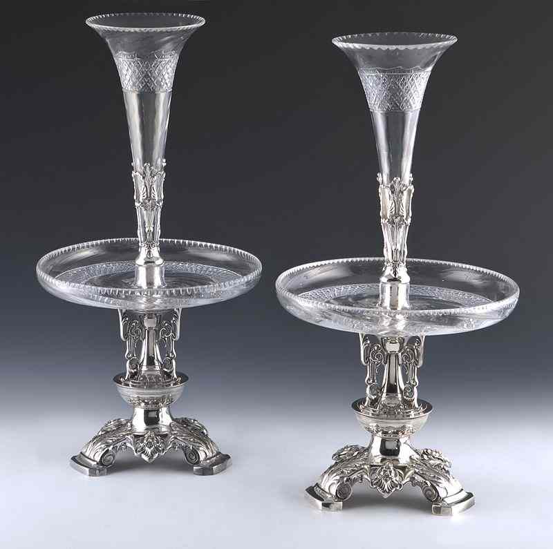 Appraisal: Pr English silver plate and cut glass epergnes each having