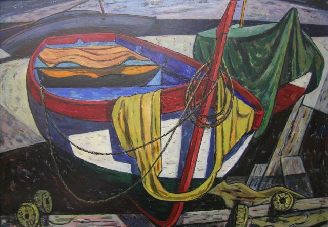 Appraisal: Edmund Brucker - IN x Encaustic on Board Capri Boats