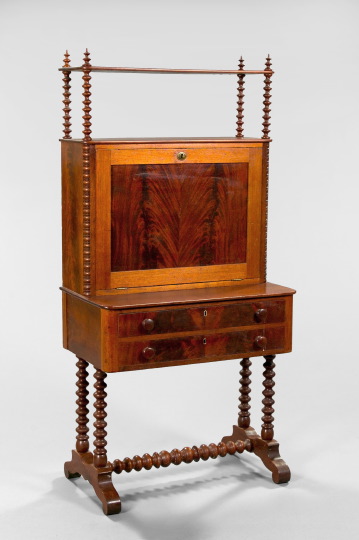 Appraisal: American Elizabethan-Style Figured Mahogany Drop-Front Desk mid- th century the