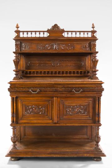 Appraisal: European Renaissance-Style Carved Mahogany and Marble-Top Court Cabinet fourth quarter