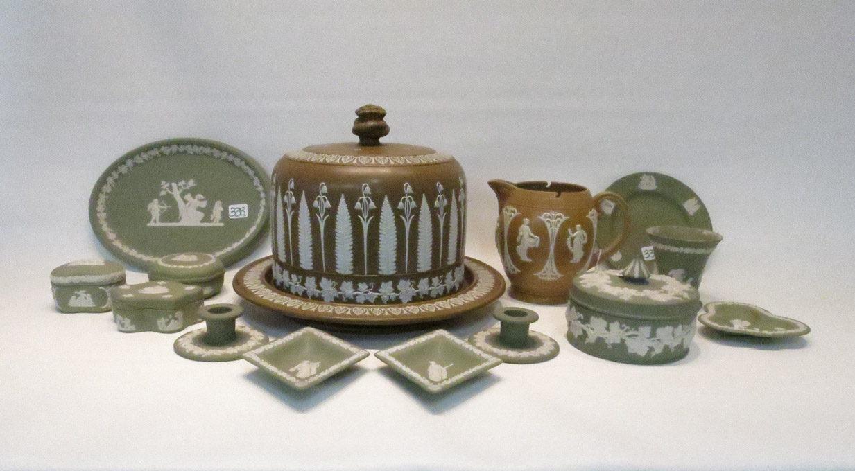 Appraisal: FOURTEEN PIECES OF WEDGWOOD GREEN AND BROWN JASPERWARE consisting of