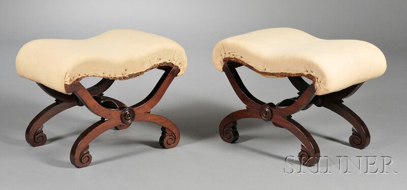 Appraisal: Pair of Classical Upholstered Carved Mahogany Footstools probably Boston c